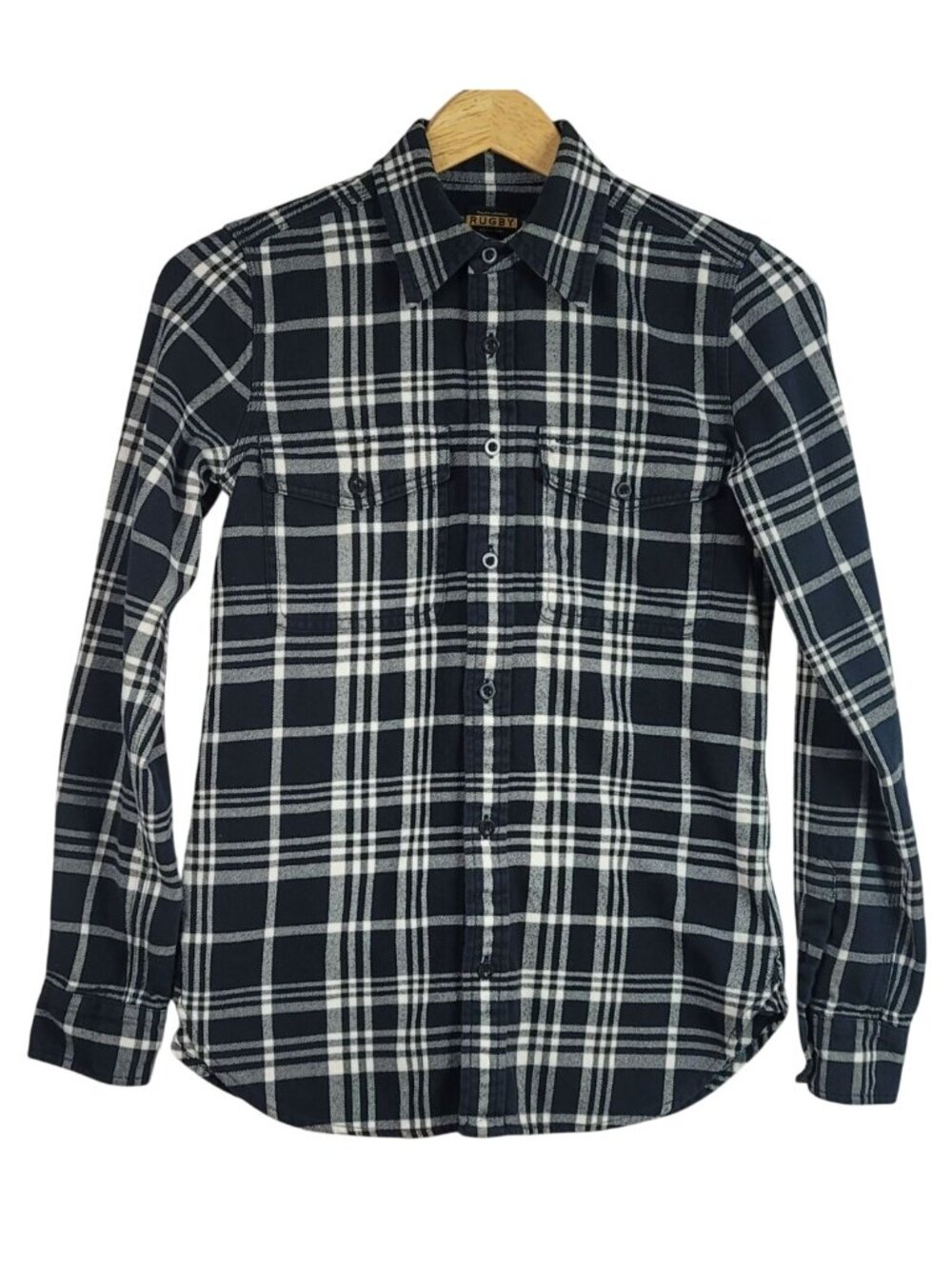 Ralph Lauren Rugby Womens Flannel Top Black White SZ 2 Long Sleeve Plaid Button